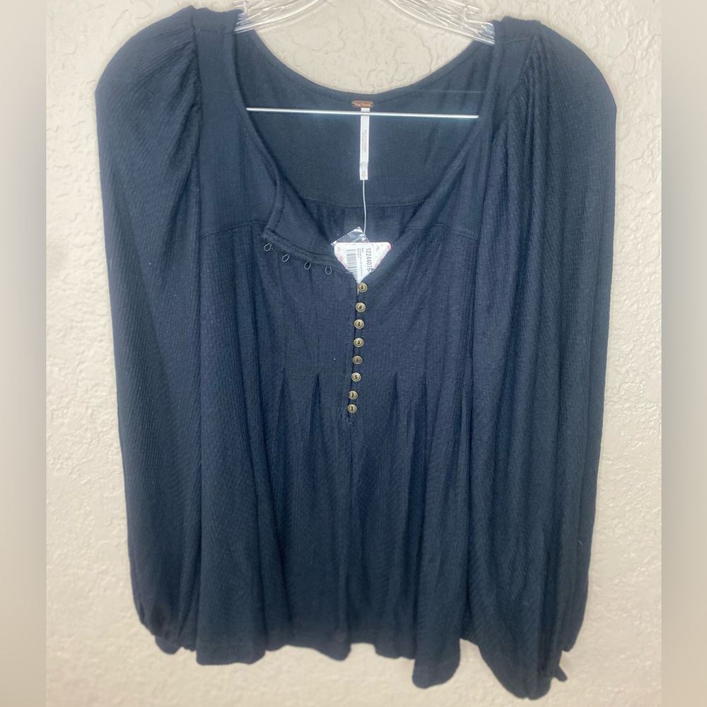 NWT Free People Navy Blue Puff Long Sleeve Flounce Top